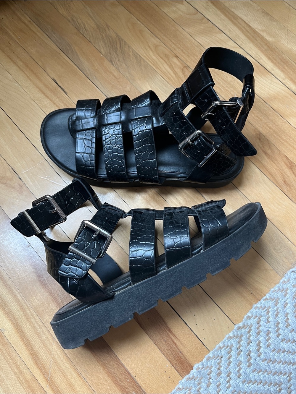 Croc-Embossed Black Platform Gladiator Sandals